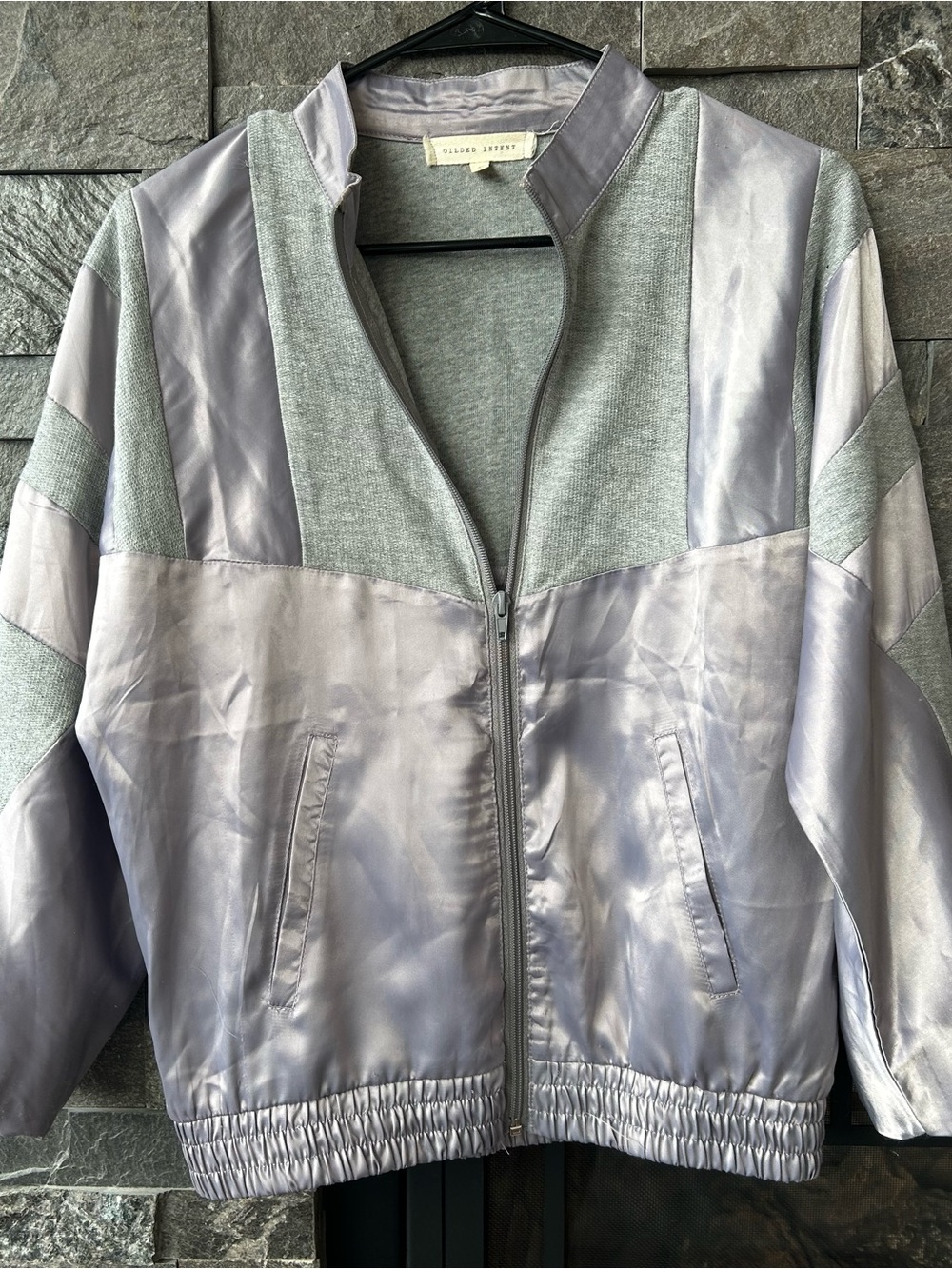 Gilded Intent Lilac Satin & Grey Panel Bomber Jacket